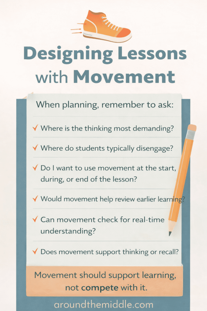 Movement-based learning checklist for teachers showing how to plan classroom movement to support thinking, engagement, memory, and lesson design.