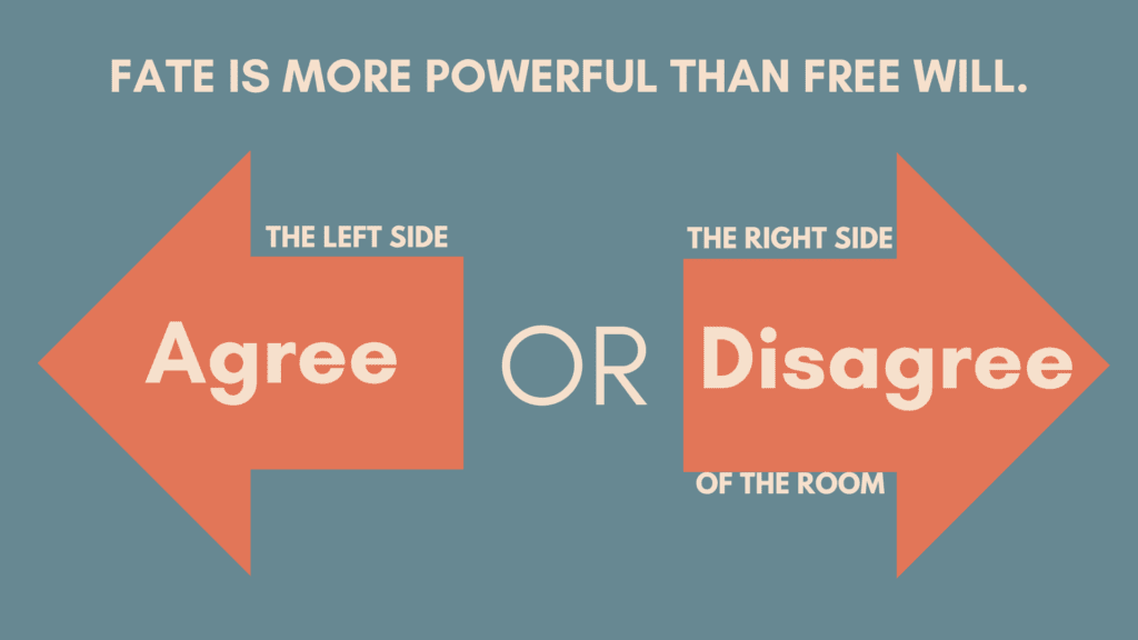 An example of a debatable statement for the novel Percy Jackson and the Lightning Thief by Rick Riordan. 'Fate is more powerful tahn free will.' From a blogpost on post-reading novel study activities by In Around the Middle @ aroundthemiddle.com