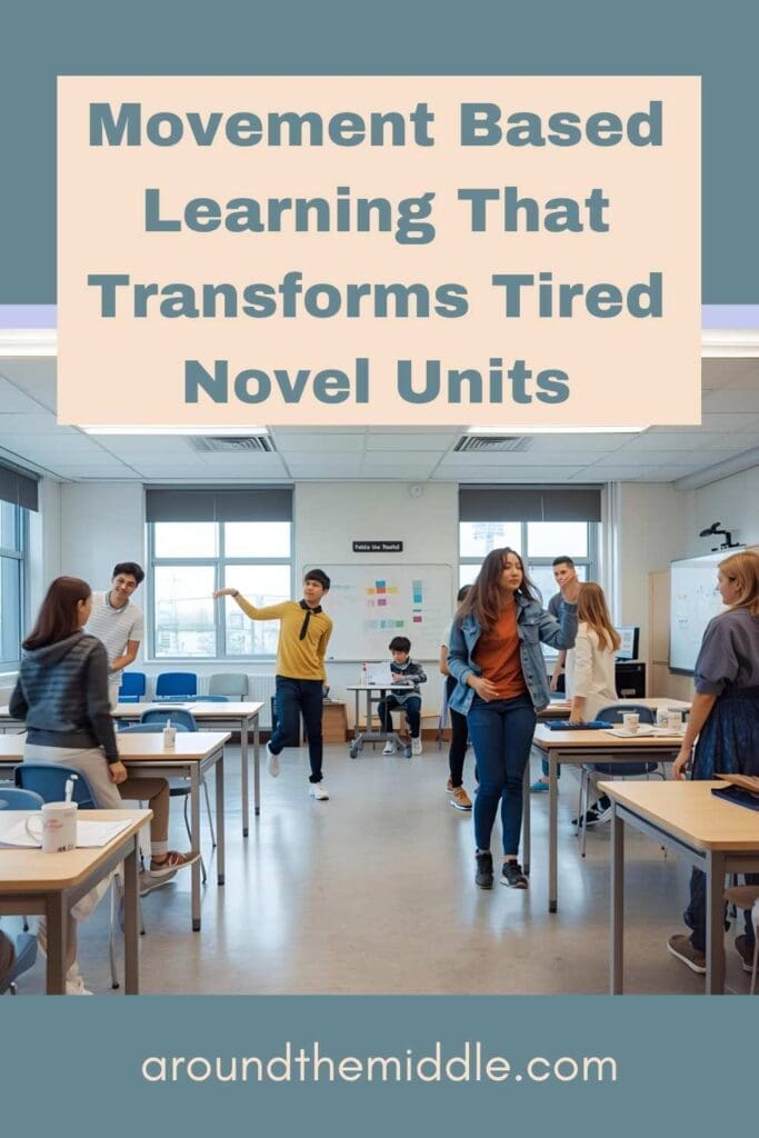 Movement Based Learning That Transforms Tired Novel Units pin. Image shows students moving around a classroom.
