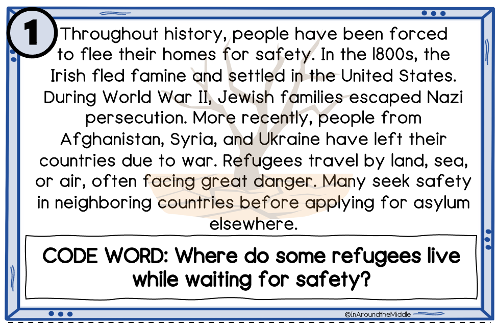 An example of a pre-reading activity for the novel Refugee by Alan Gratz. This scavenger hunt provides students with background information on the plight of refugees as they use close reading skills to answer questions. From a blog post on movement based learning by in Around the Middle @ aroundthemiddle.com