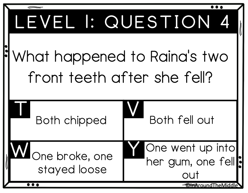 An example of a novel review escape room for the graphic novel Smile by Raina Telgemeir. From a blogpost on movement based learning by In Around the Middle @ aroundthemiddle.com
