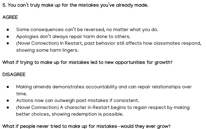 Examples of agree/disagree arguments and 'what if' questions for a debatable statement for the novel 'Restart' by Gordon Korman. From a blog post about teaching debate skills through novel study activities by In Around the Middle @ aroundthemiddle.com