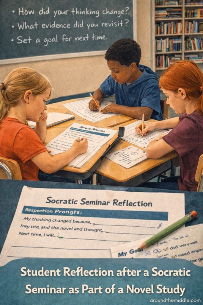 Students completing reflection after a Socratic Seminar as part of a novel study, focusing on discussion goals and deeper thinking.