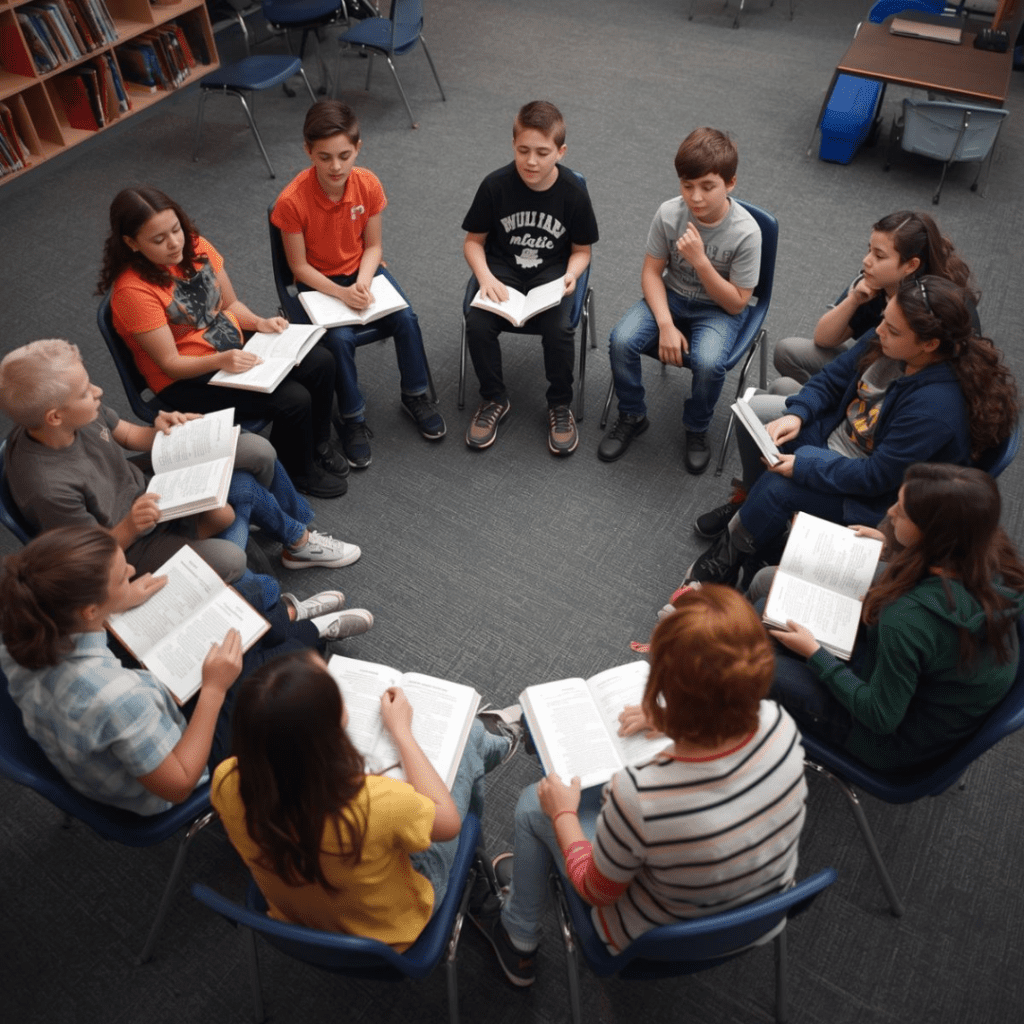 Students sitting in a circle as part of a novel study socratic seminar.