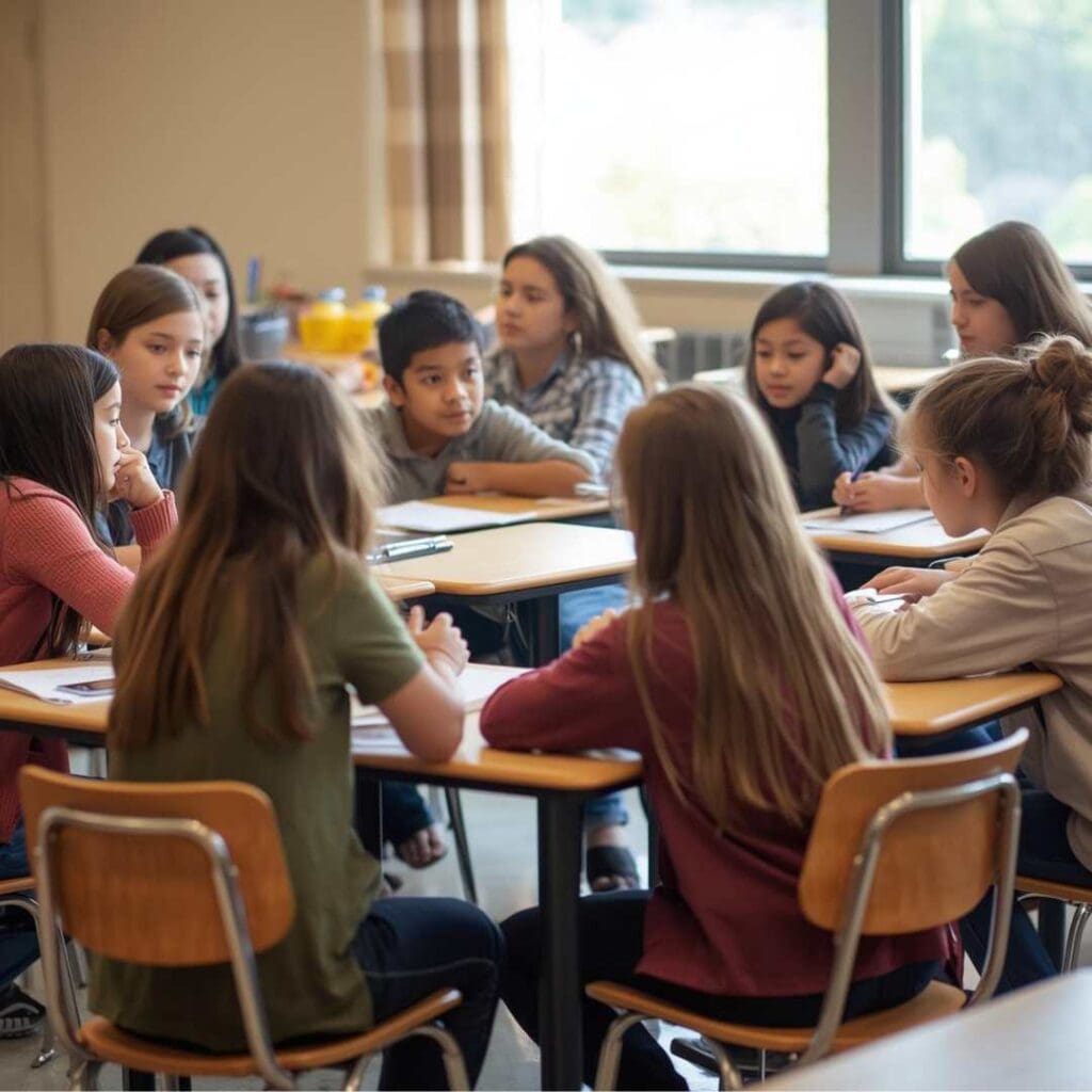 Post on Socratic Seminar Ideas for Novel Studies by In Around the Middle @ aroundthemiddle.com. Images shows students at desk in a circle.
