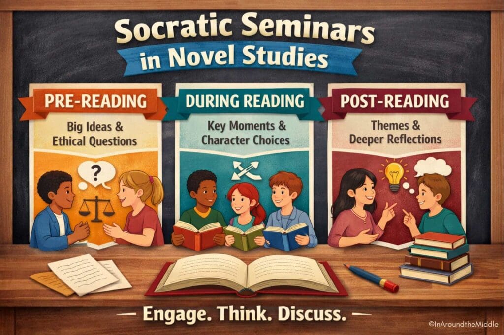 Post on Socratic Seminar Ideas for Novel Studies by In Around the Middle @ aroundthemiddle.com Image shows pre-reading, during reading and post-reading ideas.