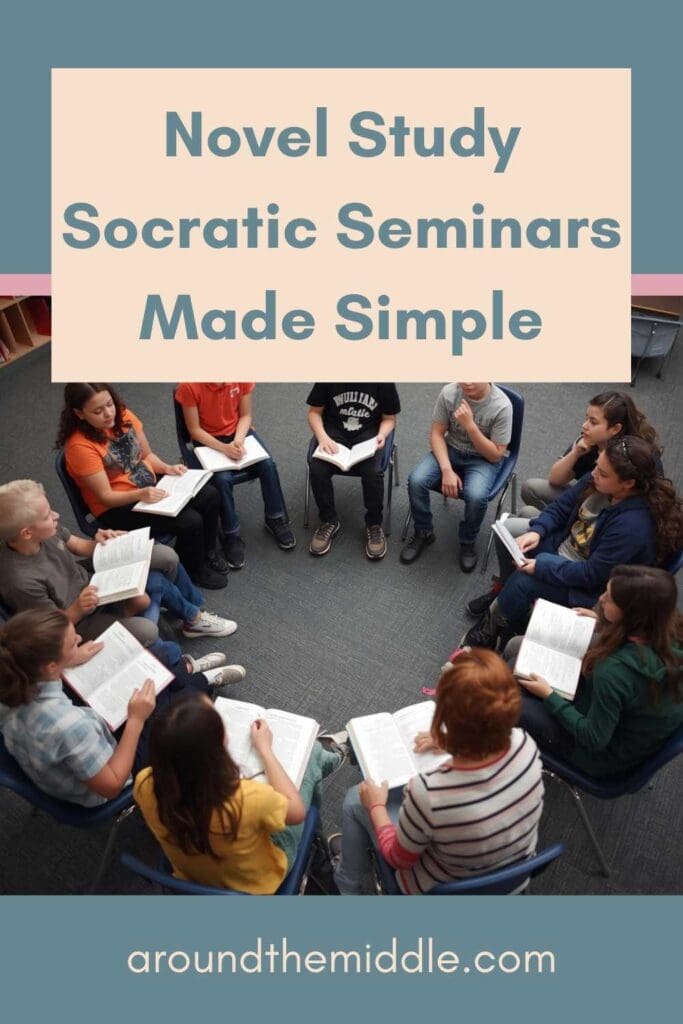 Students sitting in a circle reading novels during a Socratic Seminar, showing a structured novel study discussion in an upper elementary classroom.
