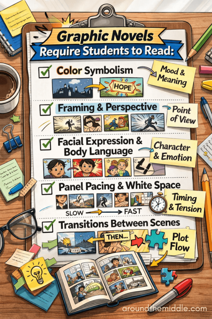 Teacher checklist for teaching graphic novels on a clipboard outlining visual literacy skills for teaching graphic novels, including color symbolism, framing and perspective, facial expression and body language, panel pacing and white space, and transitions between scenes, displayed on a classroom desk. From a blogpost by In Around the Middle @ aroundthemiddle.com