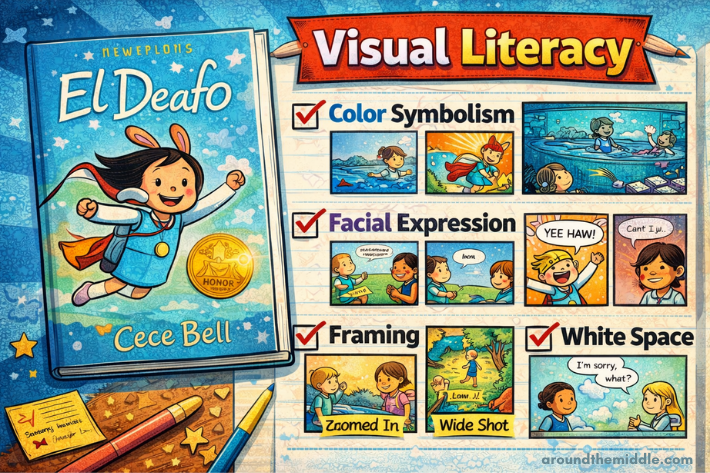 Educational classroom graphic featuring Graphic Novel El Deafo alongside visual literacy concepts such as color symbolism, framing, facial expression, and white space for teaching graphic novels in upper elementary and middle school. Blogpost by In Around the Middle @ aroundthemiddle.com