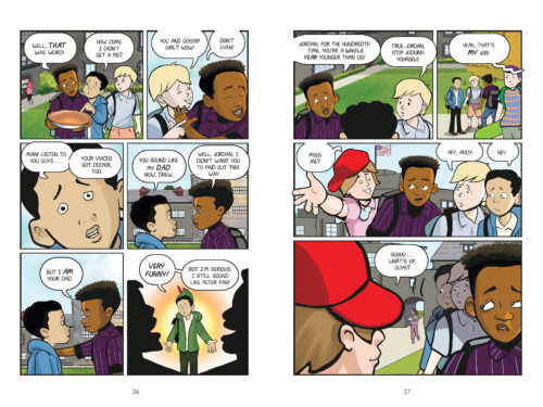 Example from the graphic novel New Kid supporting a discussion on how graphic novels use visual cues. From a blog post on teaching graphic novels by In Around the Middle @ aroundthemiddle.com