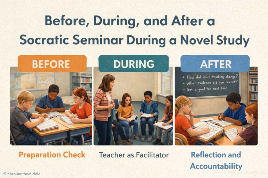 Stages/roles Before, During and After a Socratic Seminar During a Novel Study. In a blogpost on Socratic seminars in novel studies by In Around the Middle @ aroundthemiddle.com