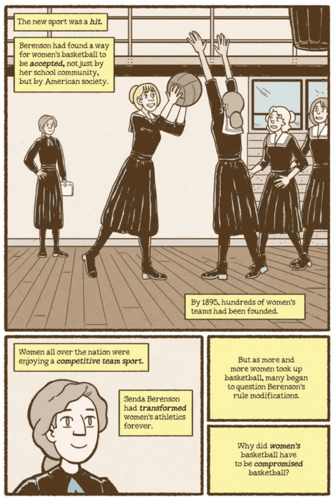 Image from the Graphic Novel Dragon Hoops showing the start of women's basketball. In a blogpost on teaching graphic novels by In Around the Middle @aroundthemiddle.com