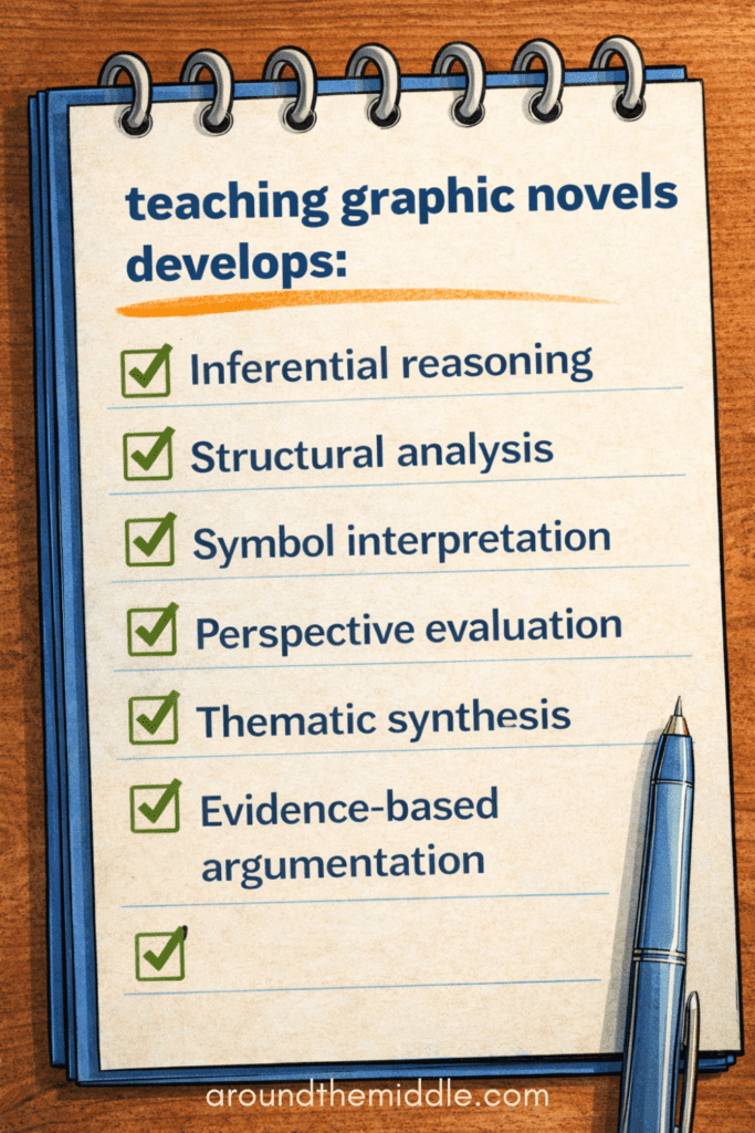 Checklist titled “Teaching Graphic Novels Develops” listing inferential reasoning, structural analysis, symbol interpretation, perspective evaluation, thematic synthesis, and evidence-based argumentation for middle school ELA instruction.
