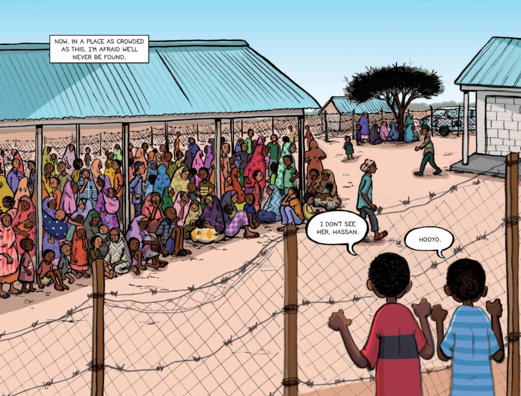 Image is an excerpt from the graphic novel When Stars and Scattered by Omar Mohamed and Victoria Jamieson. From a blog post on teaching graphic novels in upper elementary and middle school.