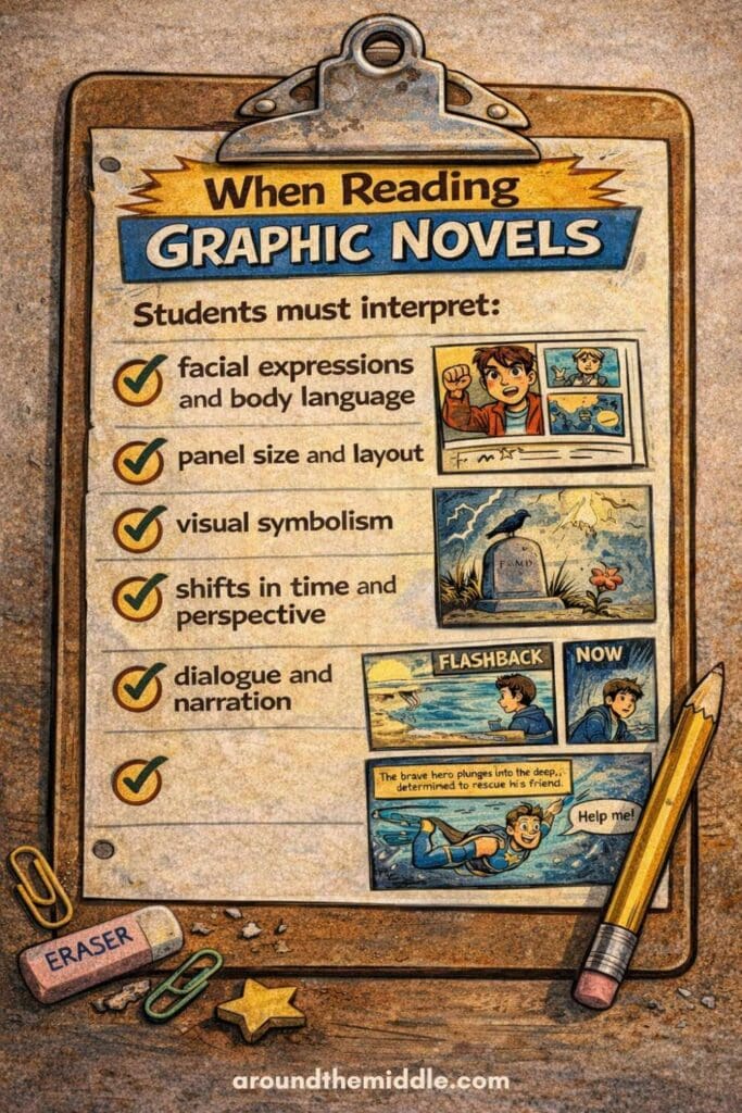 Illustrated clipboard checklist titled “When Reading Graphic Novels” listing skills students must interpret, including facial expressions and body language, panel size and layout, visual symbolism, shifts in time and perspective, and dialogue and narration, with small comic-style panel examples beside each item. From a blog post on Teaching Graphic Novels by In Around the Middle @ aroundthemiddle.com