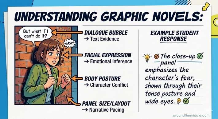 An educational graphic about understanding and teaching graphic novels, with a title on a piece of notebook paper. On the left is a comic panel showing a distressed woman backed against a brick wall. On the right, arrows and descriptive text identify four key elements within the panel: "Dialogue bubble," "Facial expression," "Body posture," and "Panel size/layout." A lightbulb icon is next to an example response analyzing the image. Blog post by In Around the Middle @ aroundthemiddle.com