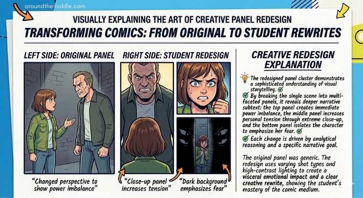 A comparison layout on a white notebook paper background shows "Left Side: Original Panel" and "Right Side: Student Redesign." The original panel is a simple medium shot of a girl and a man arguing in an alley. The student redesign breaks the same scene into four distinct panels, using varied close-up, low-angle, and dark shadow techniques to add emotional intensity and power dynamics. Explanatory text under the panels notes key changes, and a "Creative Redesign Explanation" on the right side of the image describes the visual storytelling strategies used in the redesign. From a blogpost on teaching graphic novels by In Around the Middle @ aroundthemiddle.com