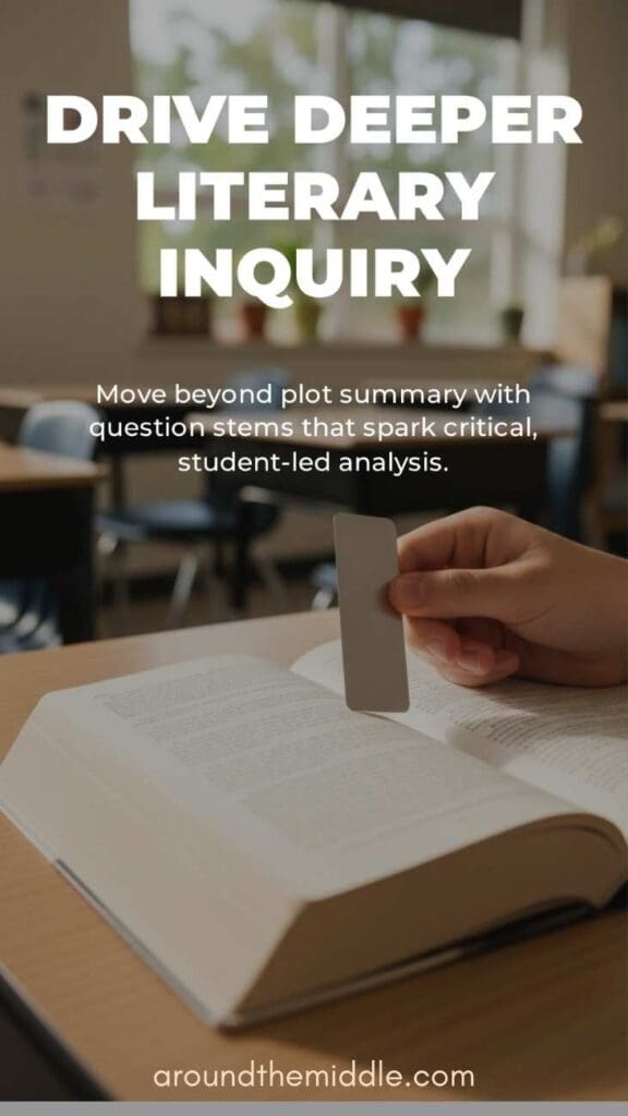 Close-up of a hand holding a discussion card above an open novel in a classroom setting with text overlay encouraging deeper literary inquiry and student-led analysis through novel based socratic seminars in upper elementary and middle school.