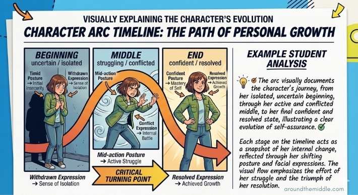 An educational diagram illustrating a character's emotional journey. It features three panels showing the same female character in a green jacket across "Beginning," "Middle," and "End" stages. In the first panel, she is isolated and anxious. In the middle panel, she is shown pushing against an unseen force in a dynamic, swirling arc, labeled a "Critical Turning Point." In the final panel, she stands confidently with hands on her hips. The diagram identifies specific postures and expressions with arrows and text. An "Example Student Analysis" is provided on the right side. From a blog post on teaching graphic novels by In Around the Middle @ aroundthemiddle.com