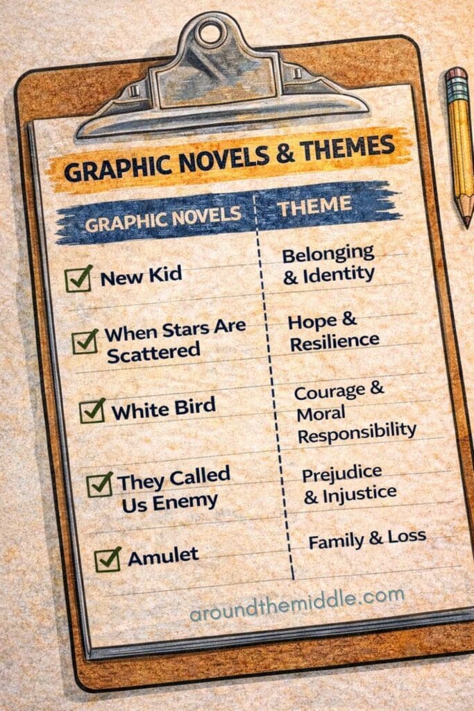 Illustrated clipboard showing a list of graphic novels with their themes beside them, designed for teachers using graphic novels for theme analysis, novel studies, and reading comprehension in upper elementary and middle school classrooms.