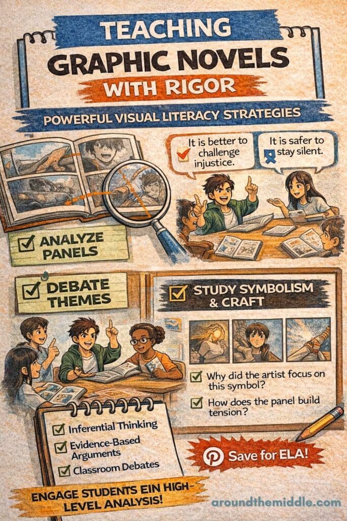Infographic titled “Teaching Graphic Novels with Rigor” showing visual literacy strategies such as analyzing panels, debating themes, studying symbolism, and using graphic novels to develop inferential thinking and evidence-based arguments in upper elementary and middle school ELA.