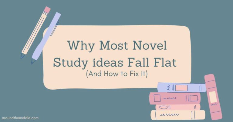 Why Most Novel Study Ideas Fall Flat (And How to Fix it) Image shows a stack of books and pencils. Blog post header image by In Around the Middle @aroundthemiddle.com