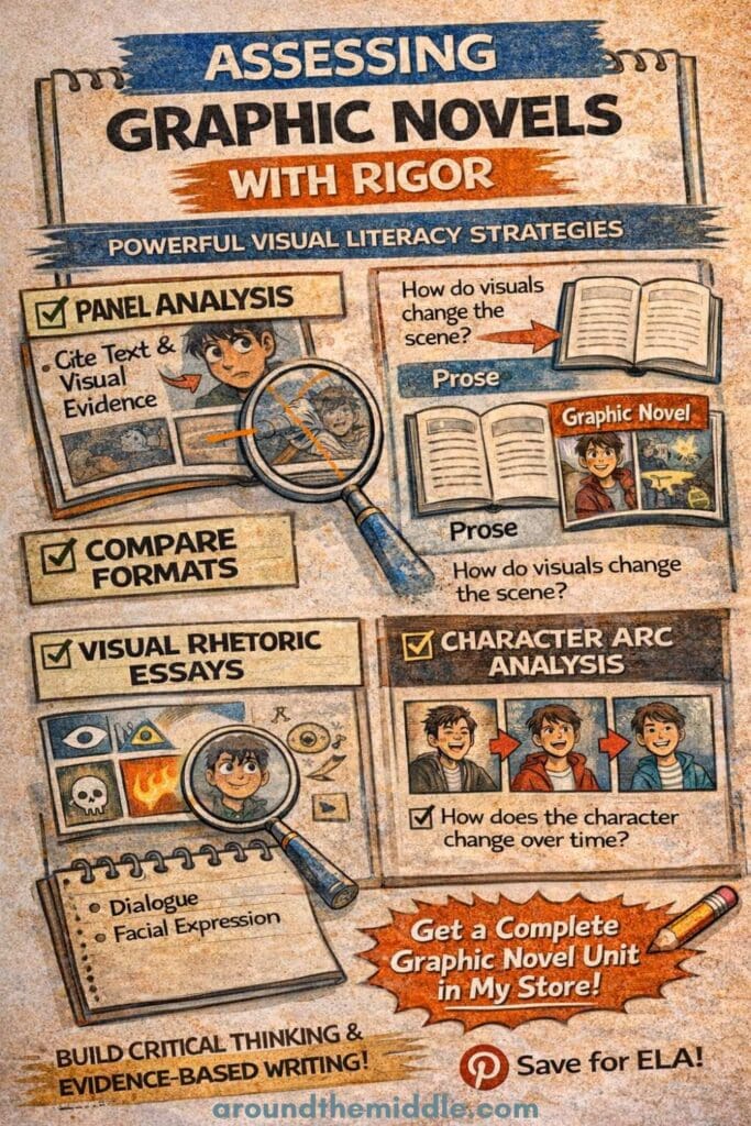 Vertical infographic titled “Assessing Graphic Novels with Rigor” showing classroom strategies like panel analysis, comparing prose and graphic formats, visual rhetoric essays, and character arc analysis for ELA teachers. Post by In Around the Middle @ aroundthemiddle.com