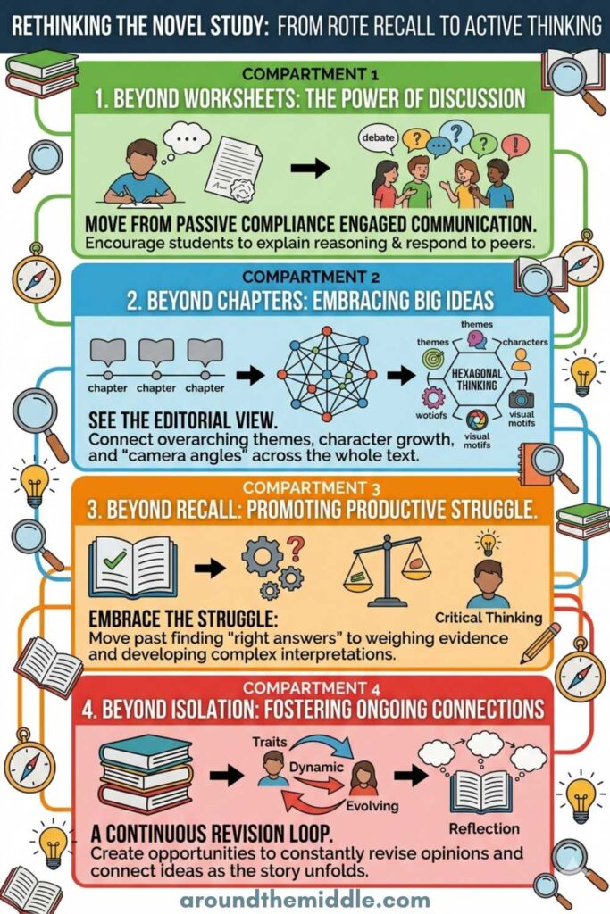 A modern educational infographic infographic designed in a structured, four-quadrant "Bento-Style" grid with a balanced, clean color scheme (green, blue, orange, red).

The title at the top reads: "RETHINKING THE NOVEL STUDY: FROM ROTE RECALL TO ACTIVE THINKING."

Compartment 1 (Top Left, Green): Titled "1. BEYOND WORKSHEETS: THE POWER OF DISCUSSION." Simple icons show a student writing alone with a thought bubble over a crumpled worksheet, changing into a group of animated students talking with diverse thought bubbles (e.g., debate, question marks). Text: "MOVE FROM PASSIVE COMPLIANCE to ENGAGED COMMUNICATION. Encourage students to explain reasoning & respond to peers."

Compartment 2 (Top Right, Blue): Titled "2. BEYOND CHAPTERS: EMBRACING BIG IDEAS." Icons replace a linear timeline of generic chapters with a complex, dynamic interconnected network and a "HEXAGONAL THINKING" diagram linking themes and motifs with a visual camera lens icon. Text: "SEE THE EDITORIAL VIEW. Connect overarching themes, character growth, and 'camera angles' across the whole text."

Compartment 3 (Bottom Left, Orange): Titled "3. BEYOND RECALL: PROMOTING PRODUCTIVE STRUGGLE." Icons change an open book with a 'check mark' (Recall) into gears, a question mark, and a balance scale weighing evidence (Critical Thinking). Text: "EMBRACE THE STRUGGLE. Move past finding 'right answers' to weighing evidence and developing complex interpretations."

Compartment 4 (Bottom Right, Red): Titled "4. BEYOND ISOLATION: FOSTERING ONGOING CONNECTIONS." Icons replace a static stack of books with dynamic arrows looping between characters (labeled changing traits) and linked, evolving reflection thought bubbles. Text: "A CONTINUOUS REVISION LOOP. Create opportunities to constantly revise opinions and connect ideas as the story unfolds."

The bottom text reads: "BUILDING RIGOR & RIGOROUS THINKING | AROUND THE MIDDLE ELA." Small illustrative details like books, magnifying glasses, and arrows complete the clean, professional design.