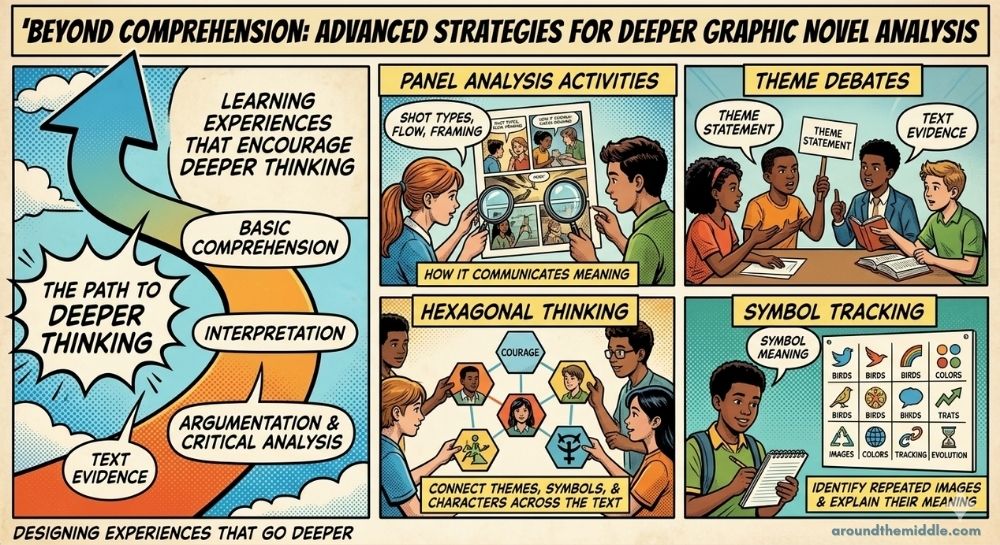 A vibrant comic-book style infographic outlining advanced strategies for graphic novel analysis, illustrating a visual progression from basic comprehension to deeper interpretation and critical argumentation. Four detailed panels show student-focused activities: Panel Analysis (shot types and framing), Theme Debates (using text evidence), Hexagonal Thinking (connecting themes and characters), and Symbol Tracking (identifying repeated images). The text 'LEARNING TOOLS FOR KIDS' is included at the bottom. From a blogpost on teaching graphic novels by In Around the Middle @ aroundthemiddle.com
