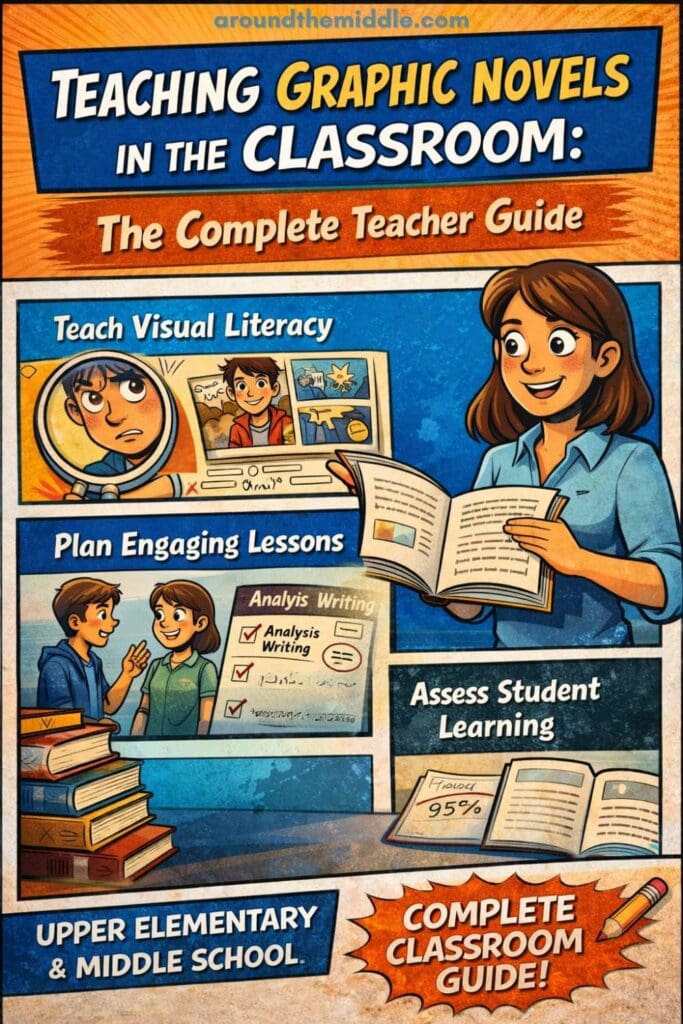 Pinterest-style graphic novel illustration titled “Teaching Graphic Novels in the Classroom: The Complete Teacher Guide,” showing students reading comics and panels highlighting visual literacy, lesson planning, and graphic novel assessment strategies for upper elementary and middle school.