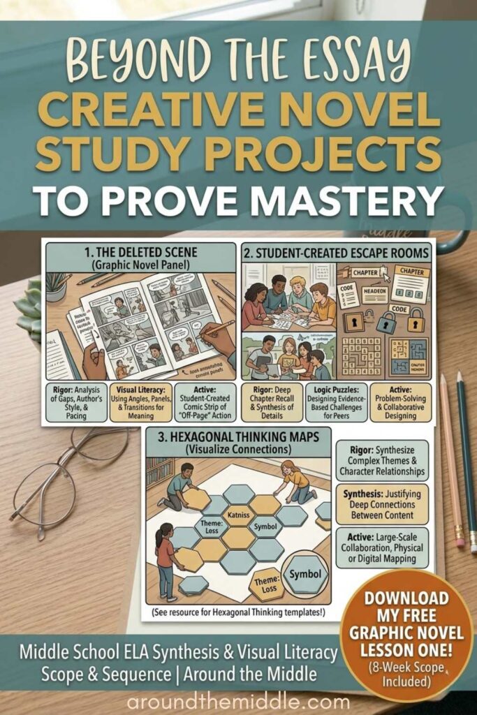 A vertical infographic titled "Beyond the Essay" featuring three sections for middle school ELA projects: Graphic Novel Panels, Student-Created Escape Rooms, and Hexagonal Thinking Maps. Each section shows students actively working with text boxes explaining the rigor and learning involved. Fun Novel Study Final Project Ideas.