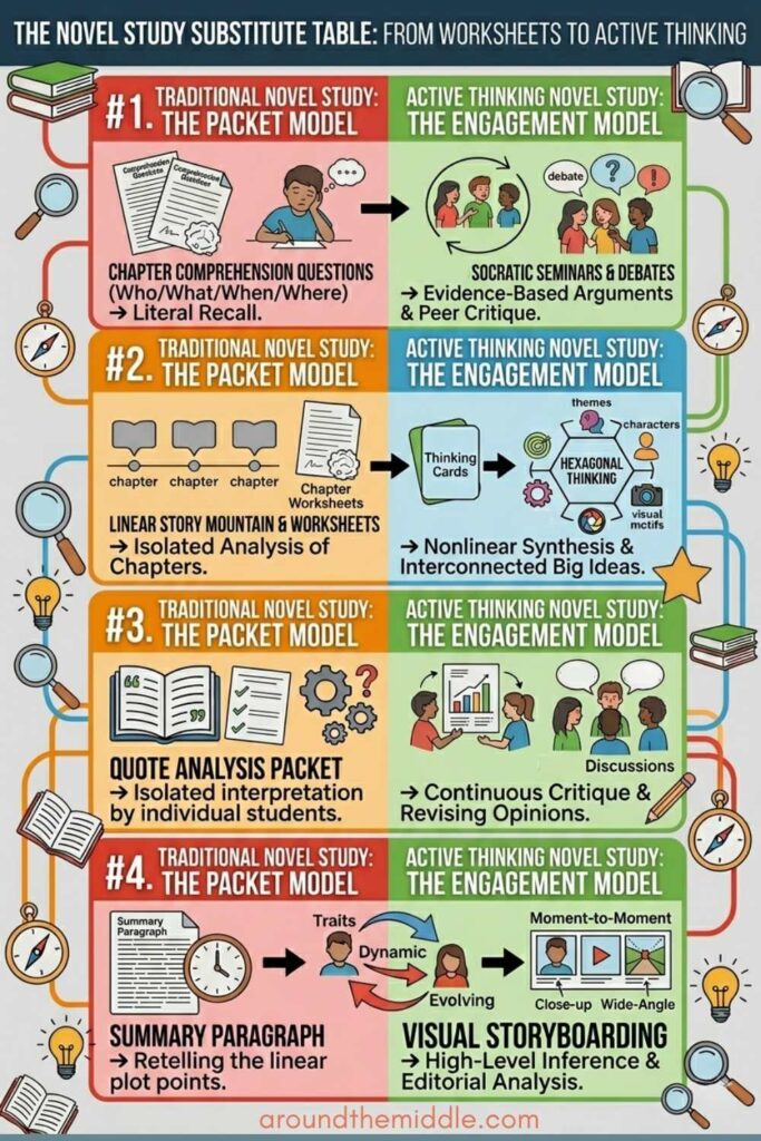 An educational infographic comparing the "Traditional Packet Model" to the "Active Thinking Engagement Model." It lists four swaps: Literal recall vs. Socratic seminars, linear story mountains vs. hexagonal thinking, quote analysis vs. silent discussions, and summary paragraphs vs. visual storyboarding.