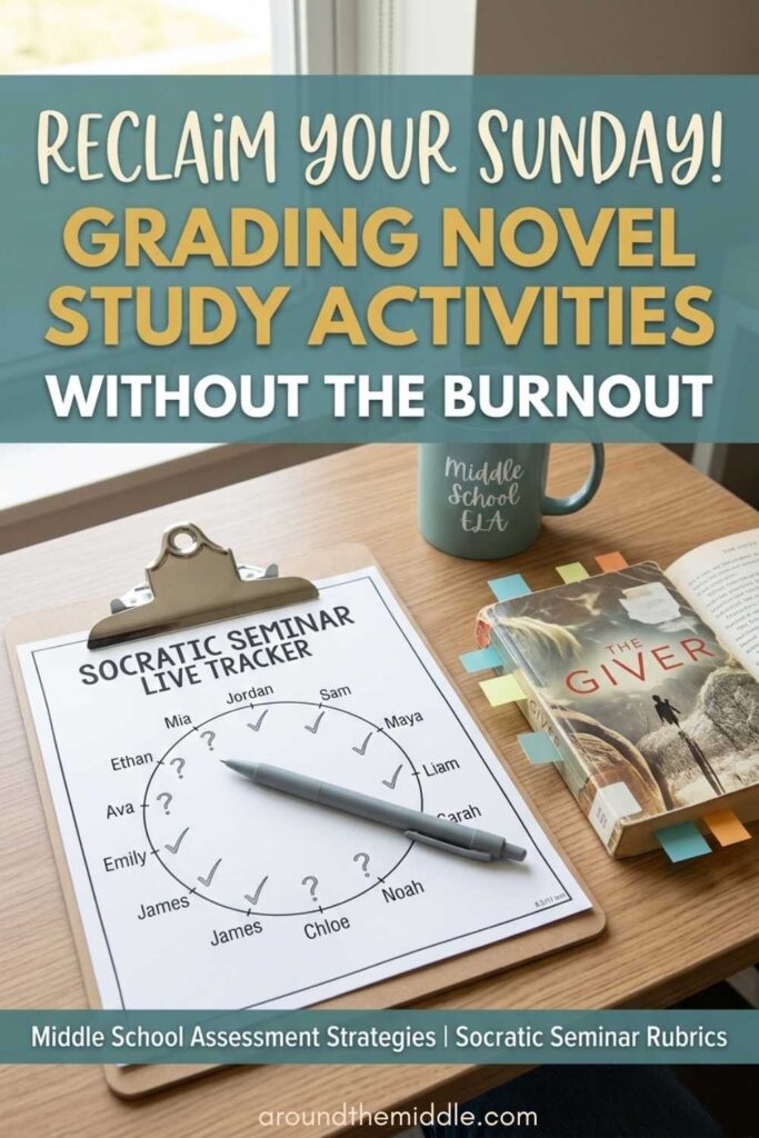 Grading novel study activities. A vertical Pinterest graphic for middle school ELA teachers. The top features a teal overlay with the text "RECLAIM YOUR SUNDAY! GRADING NOVEL STUDY ACTIVITIES WITHOUT THE BURNOUT." The bottom photo shows a teacher's wooden desk with a clipboard holding a "Socratic Seminar Live Tracker" seating chart, an open copy of the novel "The Giver" with colorful sticky notes, and a teal mug that says "Middle School ELA." The "Around the Middle" logo is in the bottom corner.