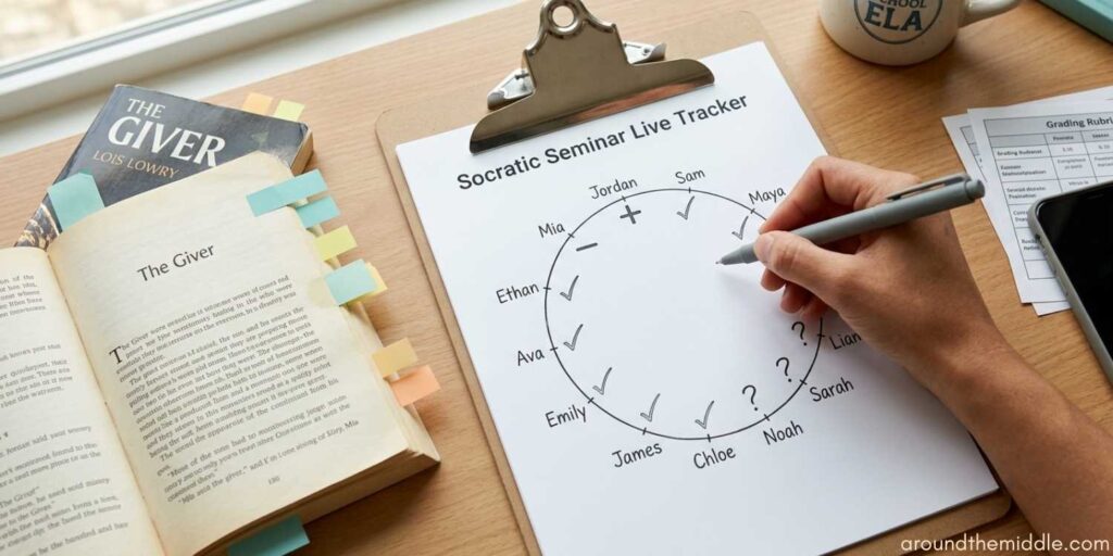 Grading novel study activities. An overhead flat-lay photograph of a middle school teacher's desk. The central focus is a silver-clipped clipboard holding a white document titled "Socratic Seminar Live Tracker" with a hand-drawn circular seating chart. A hand holding a matte grey pen is marking a "plus sign" next to a student's name on the circle, which also features "checkmarks" and "question marks." To the left is an open copy of the novel "The Giver" filled with colorful sticky note tabs. The scene is brightly lit by natural light on a warm wood surface, featuring a muted teal branding aesthetic. From a blog post on grading novel study activities by In Around the Middle @ aroundthemiddle.com