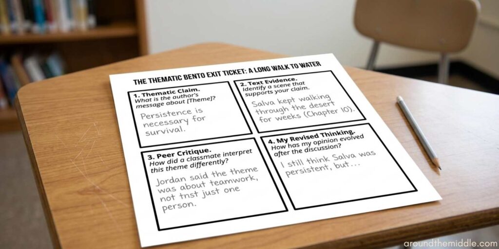 A close-up photograph of a "Thematic Bento" exit ticket on a student desk. The clean, white 8.5x11 paper features four sections with black borders. It is partially filled in with pencil for the graphic novel "A Long Walk to Water." The handwritten notes include a thematic claim about persistence and a reference to Chapter 10. Part of a novel study activities post focusing on theme by In Around the Middle @ aroundthemiddle.com