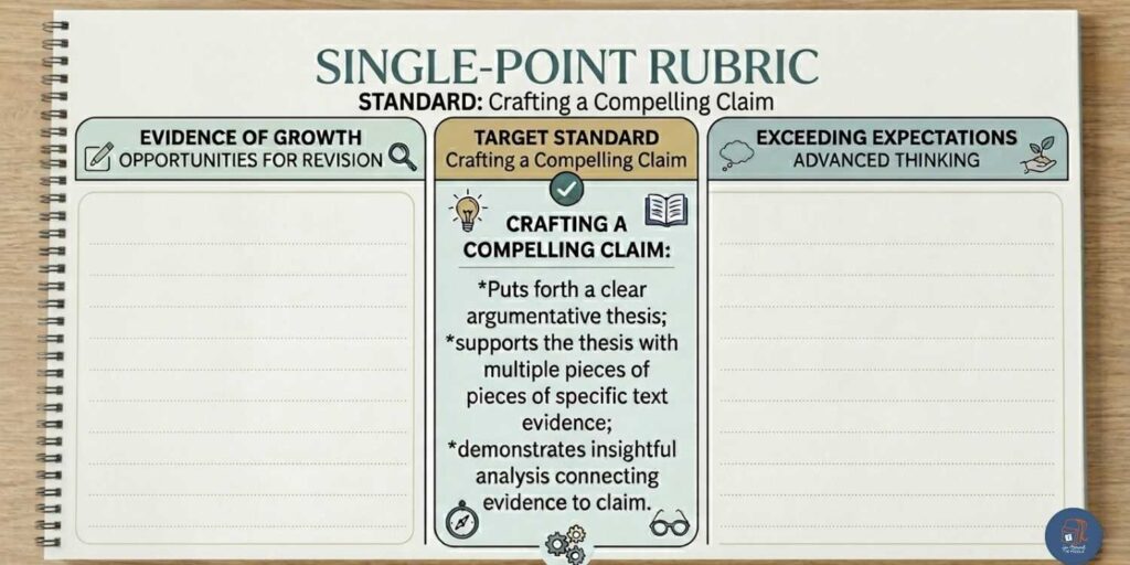 Grading novel study activities. An editorial-style infographic of a single-point rubric designed for middle school ELA. The entire frame is filled by the open pages of a spiral-bound notebook. Printed directly onto the right-hand page is the clean, structured rubric. The center column is titled "TARGET STANDARD / ACHIEVING THE STANDARD" and lists the criteria for "Crafting a Compelling Claim": Puts forth a clear argumentative thesis; supports the thesis with multiple pieces of specific text evidence; and demonstrates insightful analysis connecting evidence to claim. Flanking this central standard are two large, blank columns with clean, continuous dotted writing lines that extend to the page margins. The left column is labeled "EVIDENCE OF GROWTH / OPPORTUNITIES FOR REVISION" with small integrated revision icons. The right column is labeled "EXCEEDING EXPECTATIONS / ADVANCED THINKING" with integrated thought-cloud and growing-plant icons. The aesthetic uses muted teal and gold accents on cream-colored paper, featuring a subtle "Around the Middle" logo in the bottom corner. From a blog post on grading novel study activities.