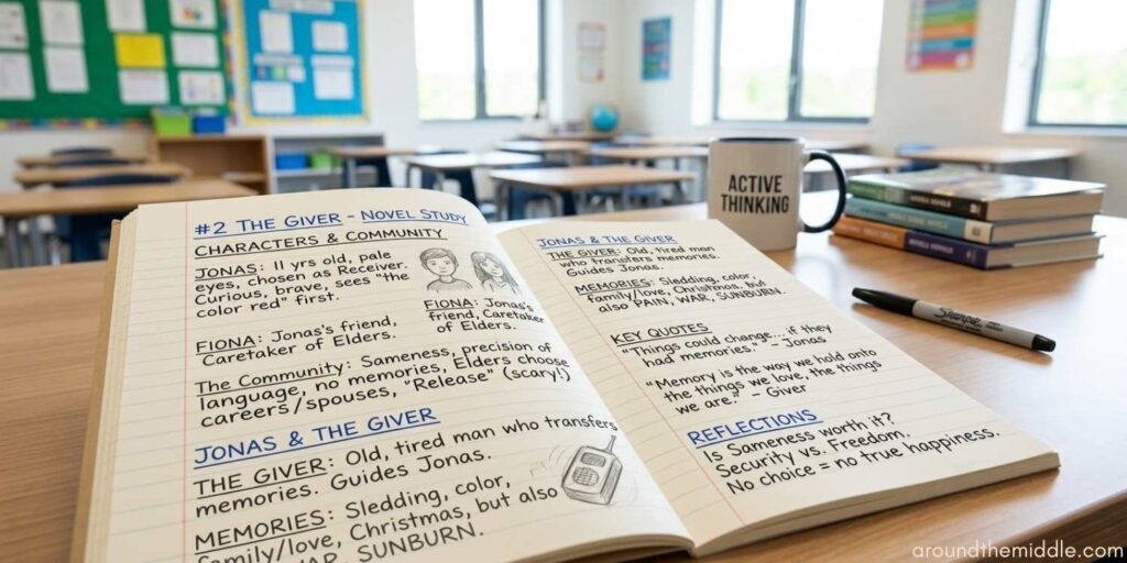 An open student workbook on a tidy teacher's desk showing notes for a "The Giver" novel study. The pages are clearly legible with headings for "Characters & Community" and "Key Quotes." The handwritten notes discuss Jonas, the community's "Sameness," and thematic reflections on security versus freedom. The background shows a bright, modern middle school classroom. Part of a blog post on novel study activities teaching theme by In Around the Middle @ aroundthemiddle.com