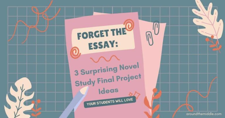 Forget the Essay: 3 Surprising Novel Study Final Project Ideas Your Students Will Love. Image shows book with a pencil, paper and paperclips