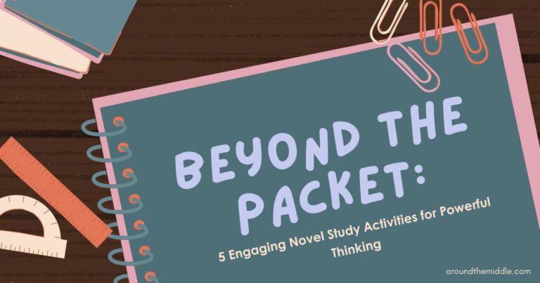 Beyond the Packet: 5 Engaging Novel Study Activities for Powerful Thinking. Blog Post Header Image by aroundthemiddle.com. Image shows a notebook, protractor and highlighter on a desk with scattered paper clips.