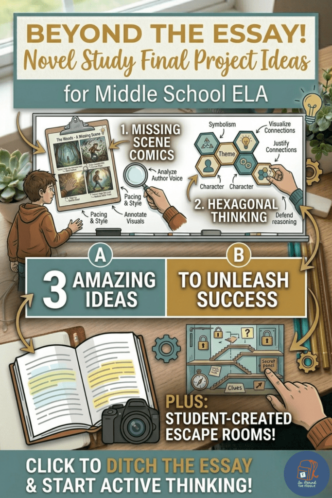 Comprehensive Pinterest pin showcasing three creative ELA final project ideas: Missing Scene Comics, Hexagonal Thinking, and Student-Created Escape Rooms. Includes visual examples and a free kit CTA. Final novel study project ideas