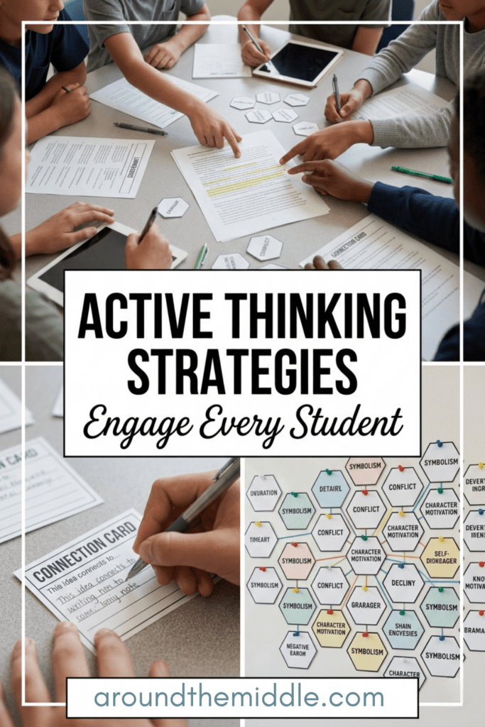 A bento grid style graphic showing middle school students collaborating on a hexagonal thinking activity. Panels show hands arranging hexagons, a close-up of a connection card, and a completed classroom web of literary connections.