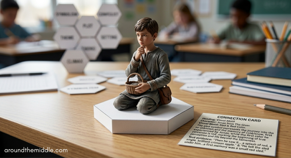 Realistic action figure miniature of a young boy character from a novel on a large white cardstock hexagon. Next to it is a printed connection card labeled 'Visual Motif.' Hexagonal thinking for middle school ELA