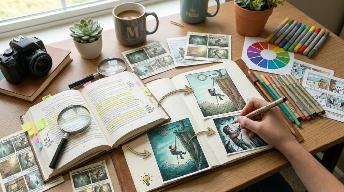 High-quality horizontal photo of a creative student desk workspace, showing an open annotated novel and a hand illustrating a comic panel, demonstrating the "Missing Scene" visual analysis process. Novel study final project ideas.
