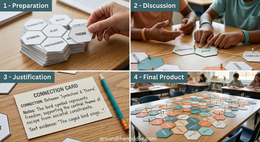 A four-panel instructional graphic shows a classroom workflow for hexagonal thinking. Panel 1: preparation of paper hexagons. Panel 2: students discussing connections. Panel 3: connection cards with handwritten notes. Panel 4: a complete colorful hexagonal map on a table. Hexagonal thinking ideas for middle school ELA