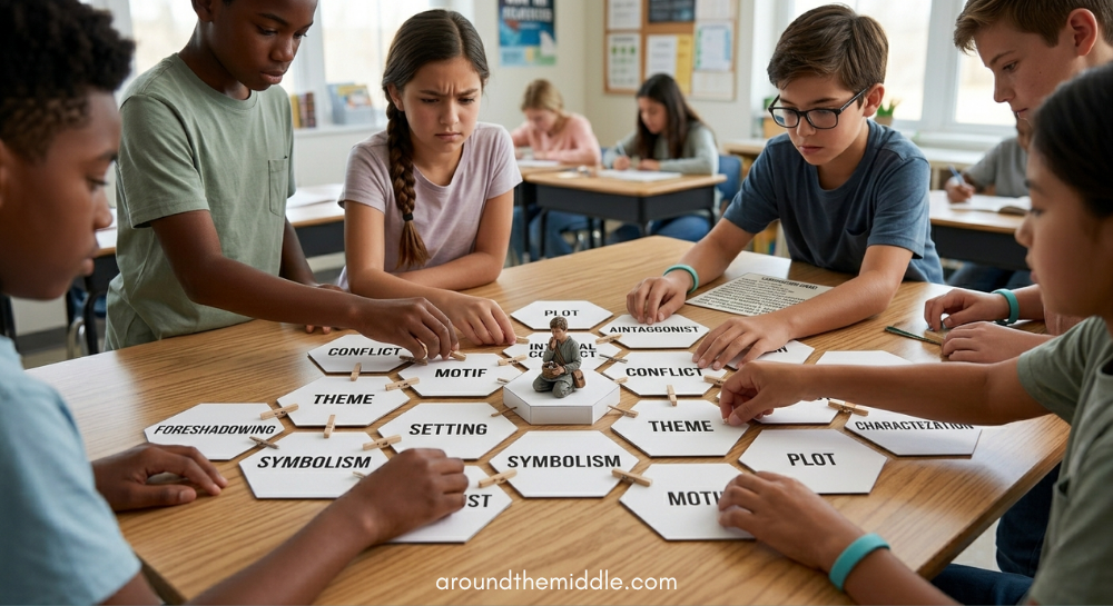 Middle school students of varying backgrounds are standing around a large table, collaborating on a movement-based hexagonal thinking activity to build a connection map. Hexagonal thinking for middle school ela