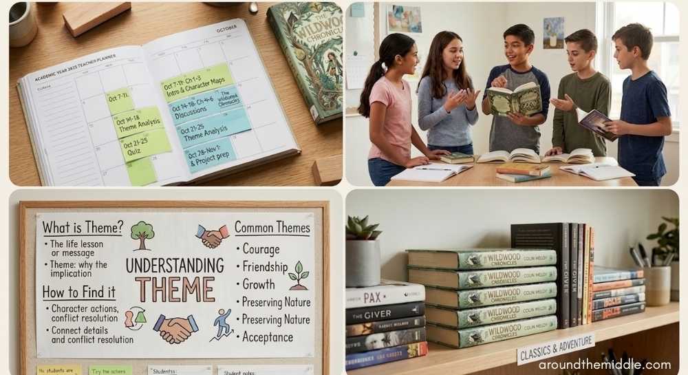 A professional bento grid graphic showcasing active novel study ideas middle school ELA classrooms use for engagement. The panels display students collaborating on text analysis over a table, an educational anchor chart about literary themes, and a clean stack of middle-grade books. Ultimate guide novel study ideas ela framework