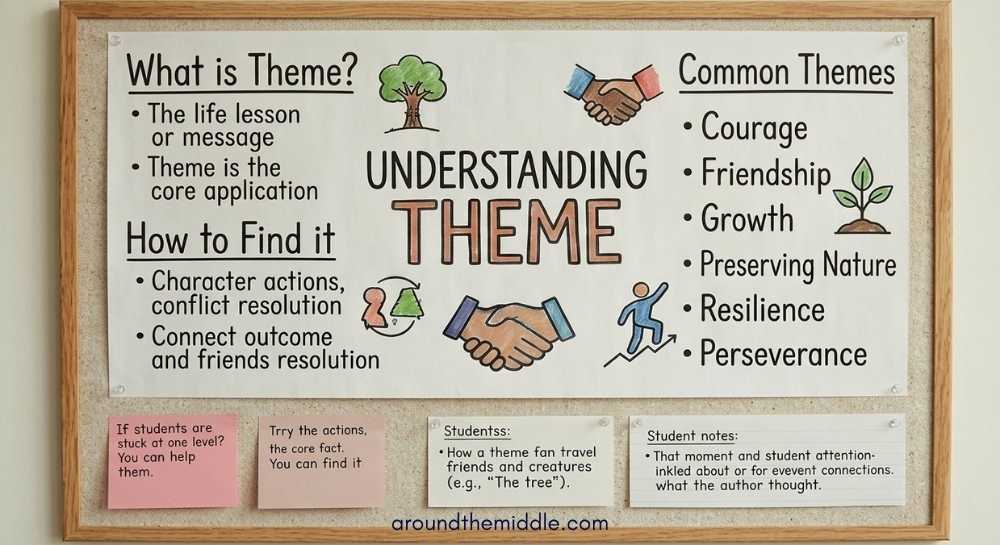 A close-up view of a classroom bulletin board displaying a detailed anchor chart for understanding theme. The chart outlines rigorous novel study ideas middle school ELA students use to identify literary messages, track character conflicts, and analyze motifs. Ultimate guide to novel study ideas an ela framework