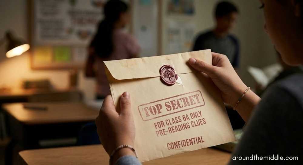 A close-up shot of a student's hands holding a vintage "Top Secret" envelope sealed with wax for an immersive pre-reading hook. This engaging setup showcases creative novel study ideas middle school ELA teachers use to build anticipation before starting a new book. Ultimate guide novel study ideas ela framework