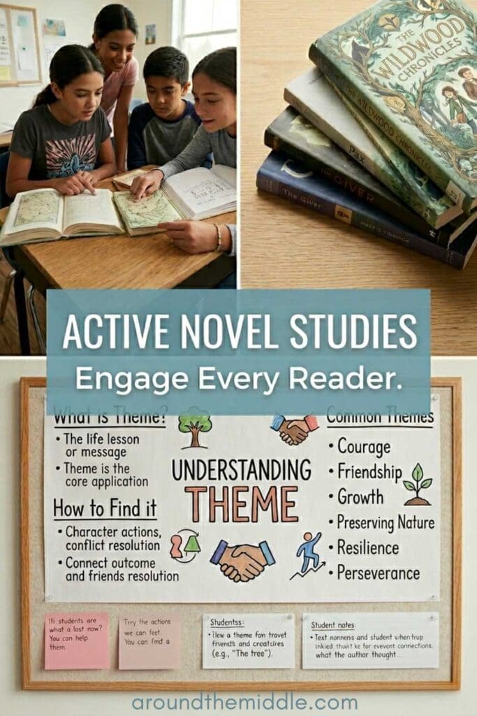 A bento grid style Pinterest pin featuring middle school students collaborating on a text, a stack of classroom books, and an educational anchor chart detailing how to understand theme in literature. The Active Novel Study ideas Framework: An Ultimate Guide for ELA